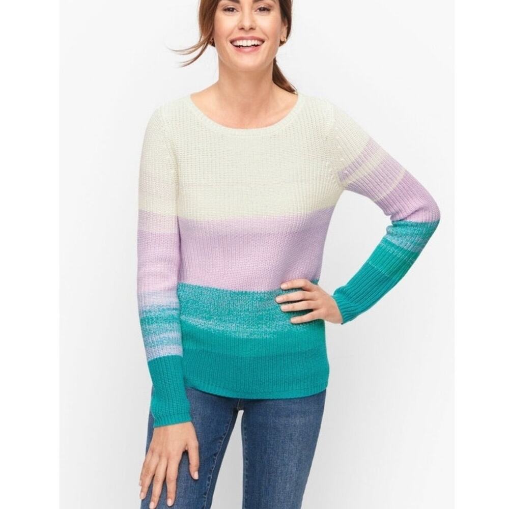 Talbots Womens Shaker Stitch Pullover Sweater Medium White Teal Bateau Neck Knit